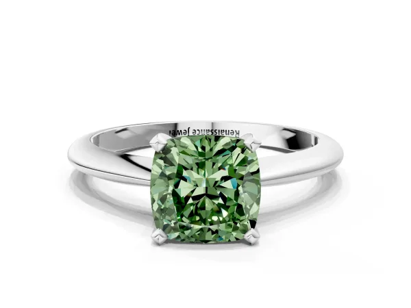 Fancy Green Cushion Cut Diamond Solitaire Engagement Ring with Classic Band and Four-Prong Setting Silver