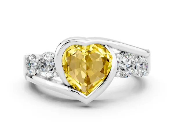 Bezel Set Heart Cut Yellow Sapphire Bypass Ring with Round Accents Platinum