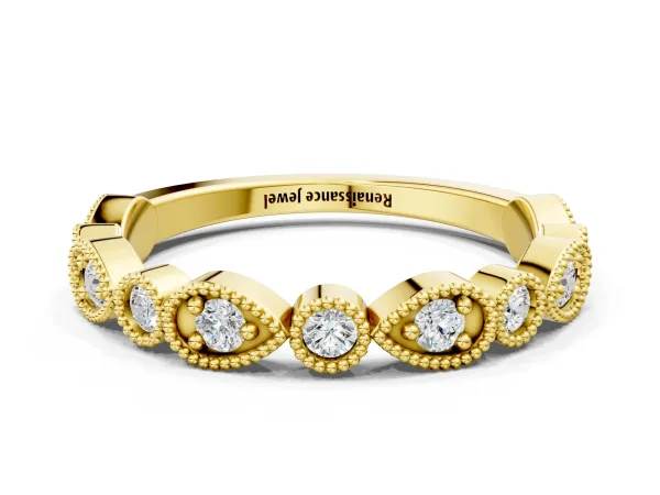 Milgrain Bezel Set Pear and Round Diamond Eternity Band Yellow gold