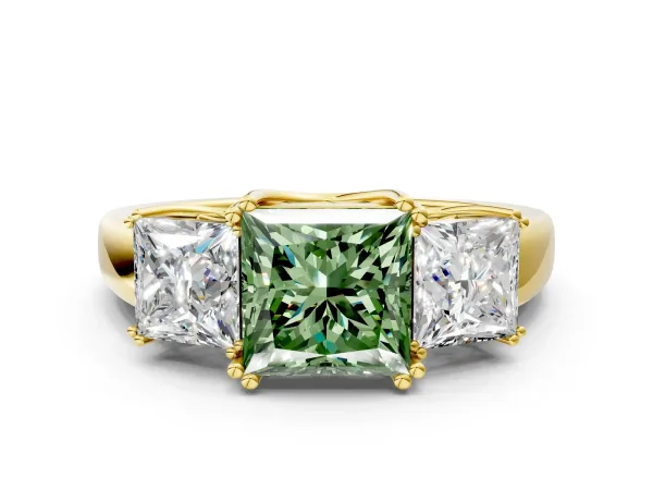 Fancy Green Three-Stone Princess Cut Cut Diamond Ring with Channel Set Band and Four-Prong Setting Yellow gold