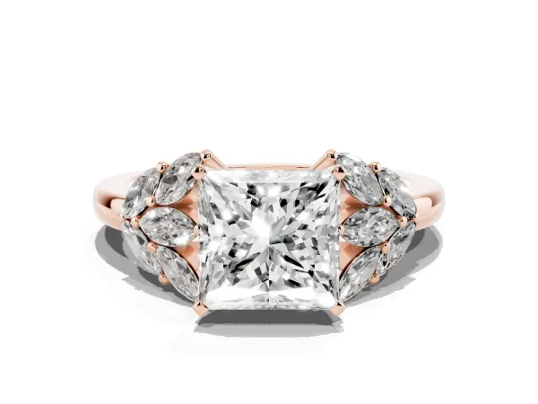 Princess Cut Diamond Cluster Leaf Design Ring with Prong Setting Rose gold