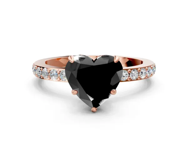 Fancy Black Heart Cut Diamond Solitaire Engagement Ring with Pavé Band and Four-Prong Setting Rose gold