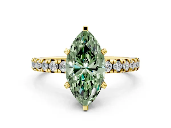 Fancy Green Marquise Cut Diamond Solitaire Pavé Engagement Ring with Round Band and Prong Setting Yellow gold