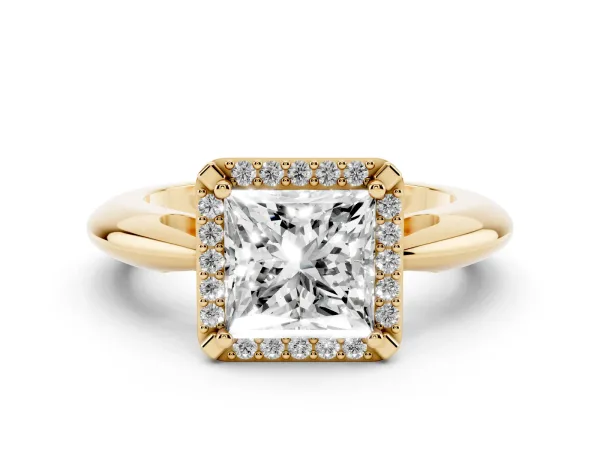 Princess Cut Cut Diamond Halo Engagement Ring with Split Shank and Four-Prong Setting Yellow gold