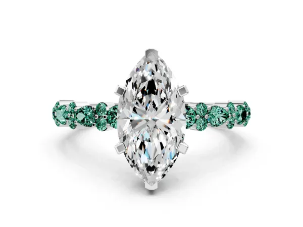 Marquise Cut Diamond Side Stone Solitaire Ring with Round Green Sapphire and Four-Prong Setting White gold