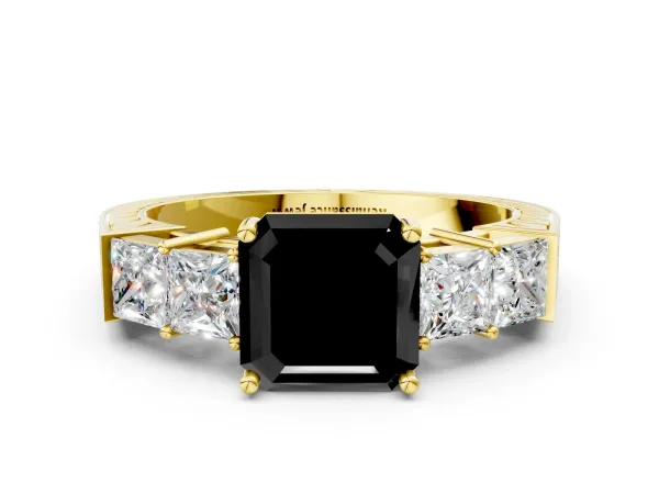 Fancy Black Asscher Cut Solitaire Princess Side Stone Engraved Band Prong Setting Ring Yellow gold