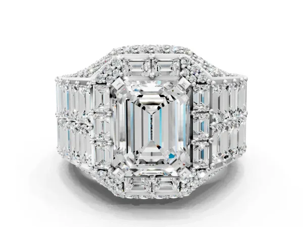 Emerald Cut Diamond Pavé Statement Mens Ring with Baguette Accents Silver