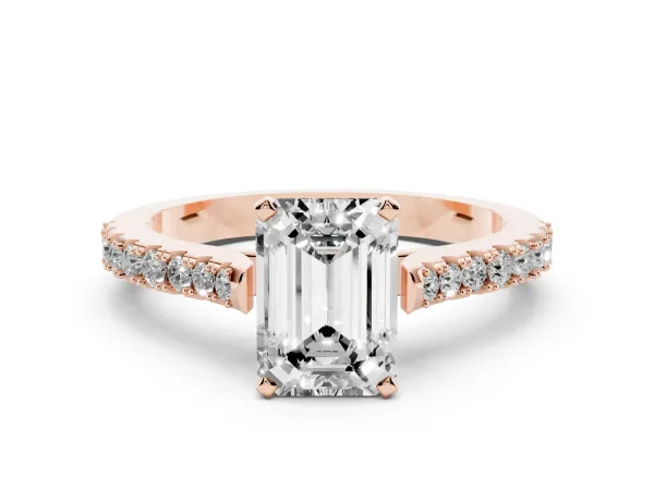 Emerald Cut Cut Solitaire Diamond Engagement Ring with Pave Band and Four-Prong Setting Rose gold