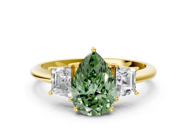 Fancy Green Pear Cut Diamond Three-Stone Ring with Trapezoid Side Stones and Prong Setting Yellow gold
