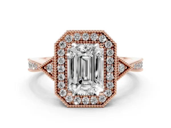 Emerald Cut Halo Round Diamond Milgrain Pave Engagement Ring Rose gold