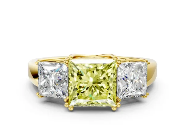 Fancy Yellow Three-Stone Princess Cut Cut Diamond Ring with Channel Set Band and Four-Prong Setting Yellow gold