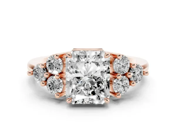 Radiant Cut Brilliant Diamond Cluster Accent Solitaire Ring with Prong Setting Rose gold
