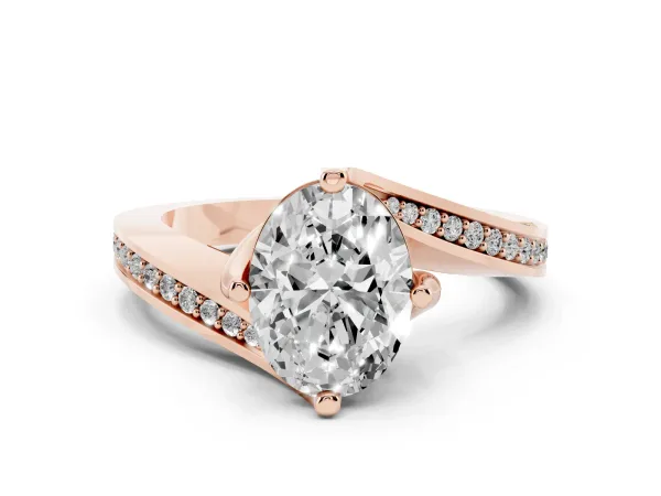 Oval Cut Solitaire Diamond Twist Band with Pavé Setting and Four-Prong Setting Rose gold