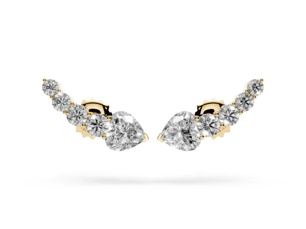 Round and Heart Diamond Petite Ear Climber Earrings Yellow gold