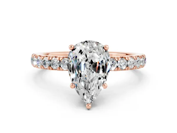 Pear Cut Moissanite Pave Band Solitaire Ring with Round and Prong Setting Rose gold