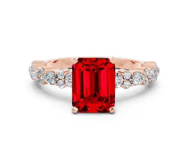 Emerald Cut Ruby Side Stone Solitaire Ring with Round and Four-Prong Setting Rose gold