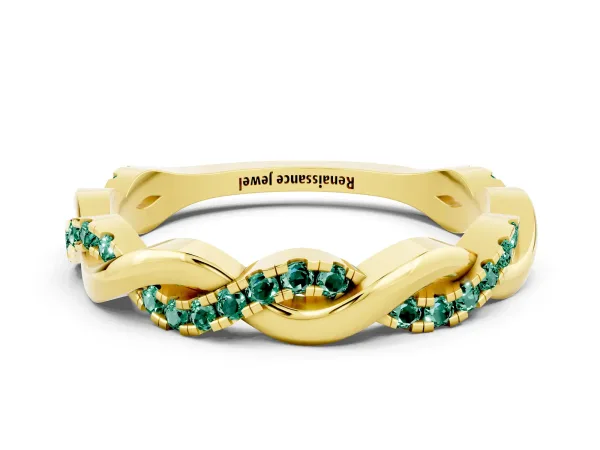 Round Green Sapphire Twist Eternity Band with Pavé Setting Yellow gold
