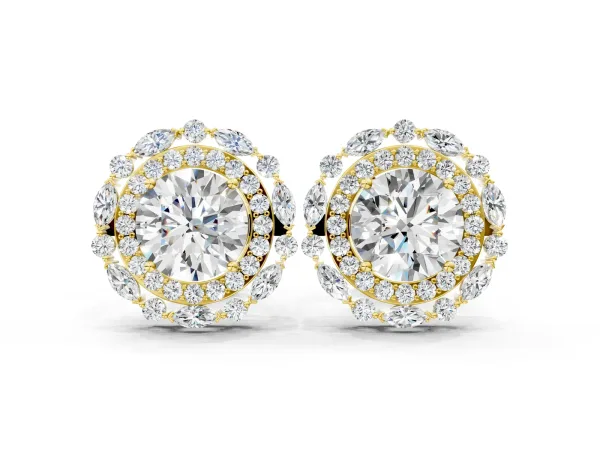 Round Diamond Double Halo Stud Earrings with Prong Setting Yellow gold