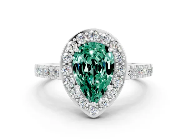 Pear Cut Green Sapphire Halo Ring with Round Pavé Split Shank and Prong Setting Platinum