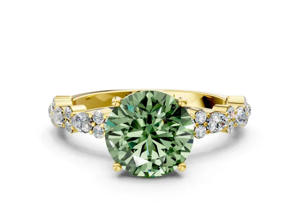 Fancy Green Round Cut Diamond Side Stone Solitaire Ring with Round and Four-Prong Setting Yellow gold