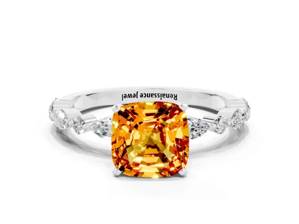 Cushion Cut Citrine Ring with Marquise and Round Side Stones and Four-Prong Setting White gold