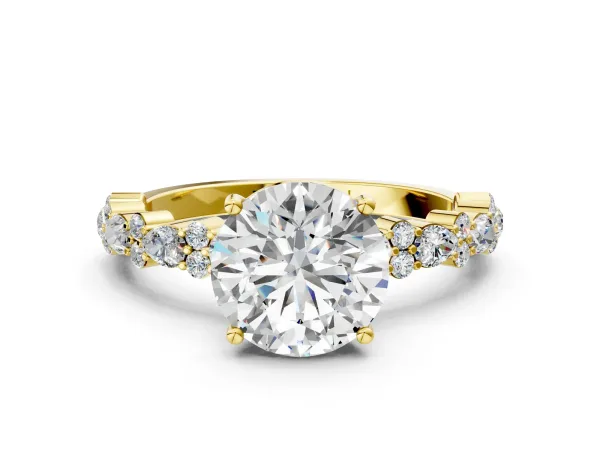 Round Cut Diamond Side Stone Solitaire Ring with Round and Four-Prong Setting Yellow gold
