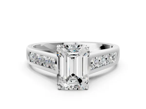 Emerald Cut Brilliant Channel-Set Solitaire Ring with Four-Prong Setting White gold