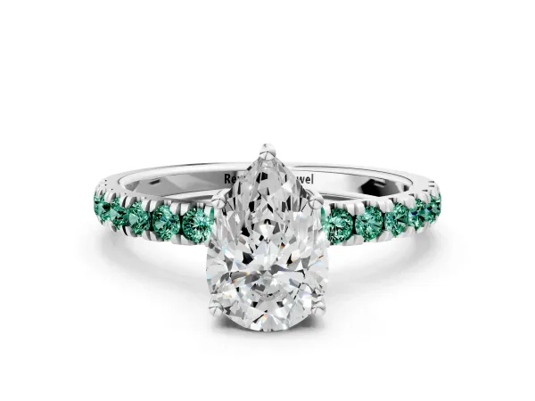 Pear Cut Diamond Pave Band Solitaire Ring with Round Green Sapphire and Prong Setting White gold