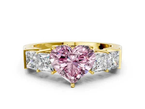 Fancy Pink Heart Cut Solitaire Princess Side Stone Engraved Band Prong Setting Ring Yellow gold