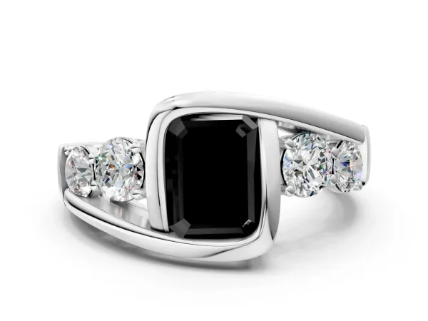 Fancy Black Bezel Set Emerald Cut Diamond Bypass Ring with Round Accents Silver