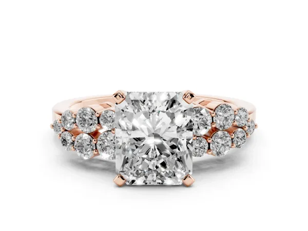 Radiant Cut Cluster Diamond Engagement Ring with Pavé Band and Four-Prong Setting Rose gold