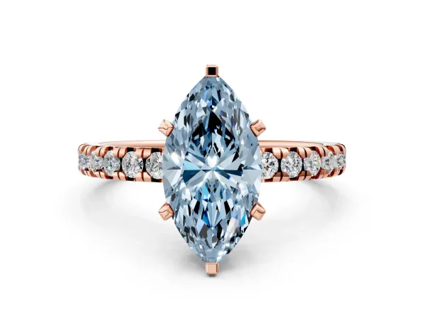 Fancy Blue Marquise Cut Diamond Solitaire Pavé Engagement Ring with Round Band and Prong Setting Rose gold