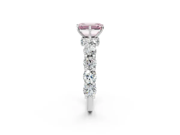 Fancy Pink Emerald Cut Diamond Side Stone Engagement Ring with Four-Prong Setting Platinum