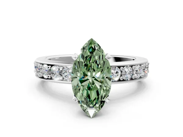 Fancy Green Marquise Cut Diamond Engagement Ring with Channel Set Round Band and Prong Setting White gold