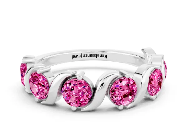 Six-Stone Round Pink Sapphire Wave Band with Shared Prong Setting Platinum