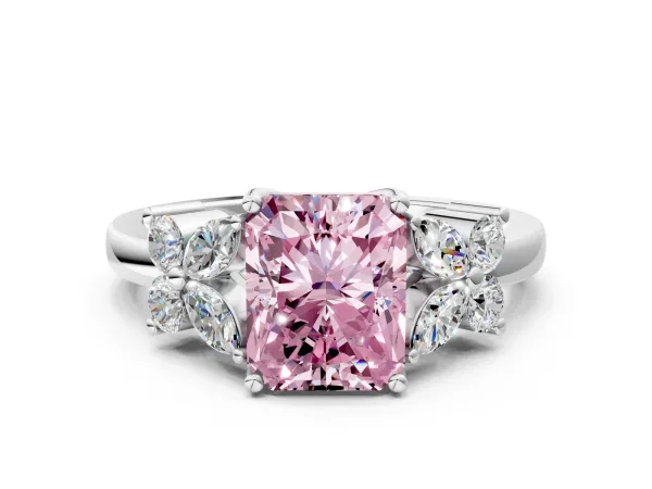 Fancy Pink Radiant Cut Diamond Floral Cluster Ring with Solitaire Band and Prong Setting Platinum