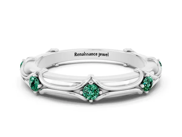 Round Green Sapphire Prong Set Milgrain Eternity Band Platinum