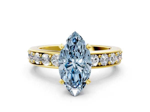 Fancy Blue Marquise Cut Diamond Engagement Ring with Channel Set Round Band and Prong Setting Yellow gold