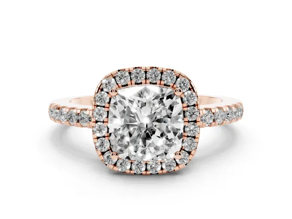 Cushion Cut Halo Diamond Engagement Ring with Pavé Band and Four-Prong Setting Rose gold