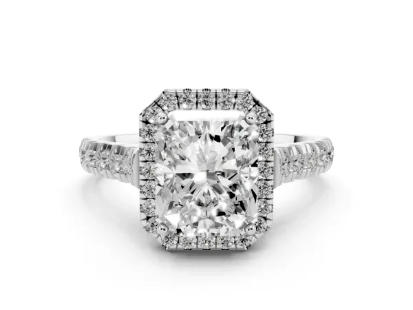 Radiant Cut Halo Pavé Diamond Engagement Ring with Four-Prong Setting White gold