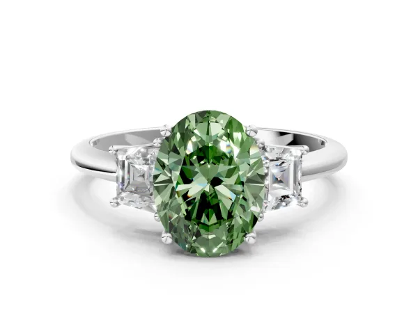 Fancy Green Oval Cut Diamond Three-Stone Ring with Trapezoid Side Stones and Prong Setting Platinum