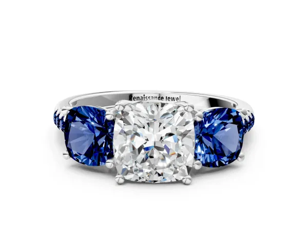 Three-Stone Cushion Cut Diamond Ring with Round Blue Sapphire Pavé Band and Prong Setting Platinum