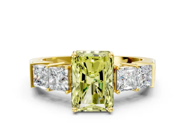 Fancy Yellow Radiant Cut Solitaire Princess Side Stone Engraved Band Prong Setting Ring Yellow gold
