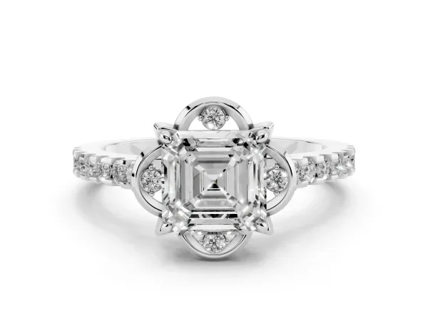 Asscher Cut Diamond Ring with Pavé Band and Floral Prong Setting Platinum