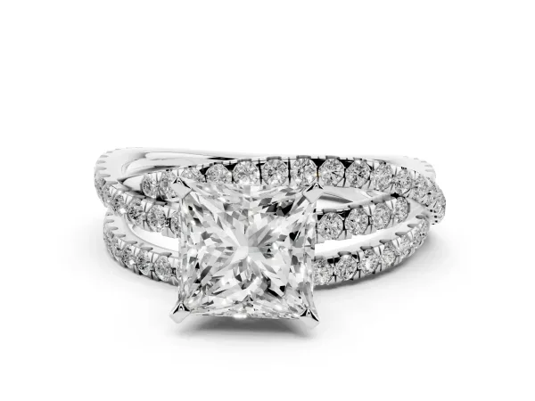 Princess Cut Solitaire Twist Band with Pavé Setting and Four-Prong Setting Platinum