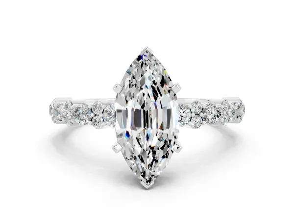 Marquise Cut Moissanite Side Stone Solitaire Ring with Round and Four-Prong Setting White gold