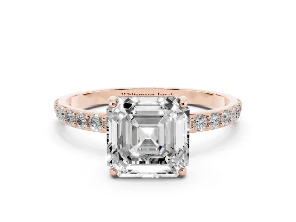 Asscher Cut Diamond Solitaire Ring with Round Pavé Shoulders and Prong Setting Rose gold