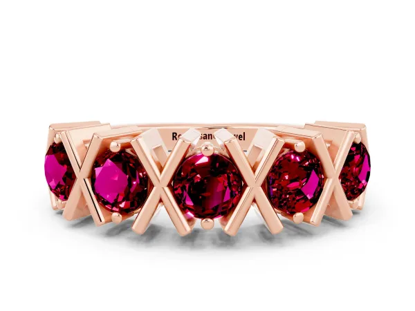 Round Garnet Channel Set Band with X-Prong Detail Rose gold