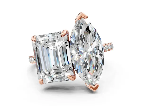 Emerald and Marquise Toi Moi Ring with Prong Setting and Pave Band Rose gold