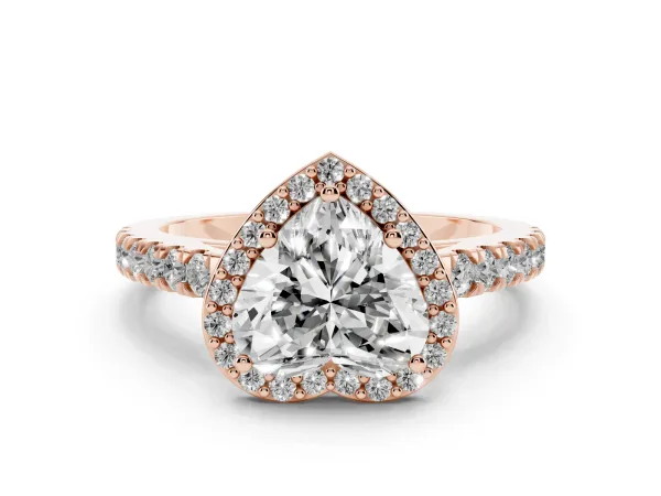 Heart Cut Cut Halo Diamond Engagement Ring with Pave Band and Four-Prong Setting Rose gold
